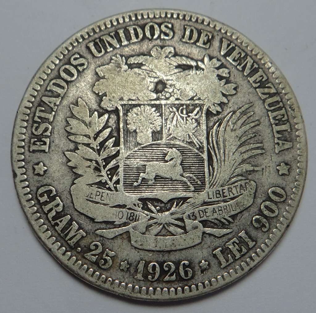 Venezuela: Crown-size Silver  5-Bolivares 1926