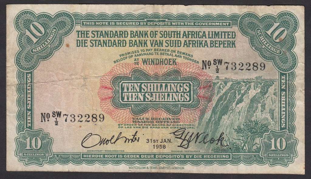 South West Africa, Windhoek: Standard Bank 10 Shillings 31 January 1958