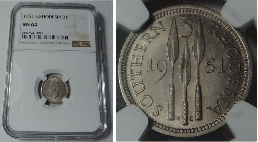 Southern Rhodesia: Three Pence 1951: NGC MS 64