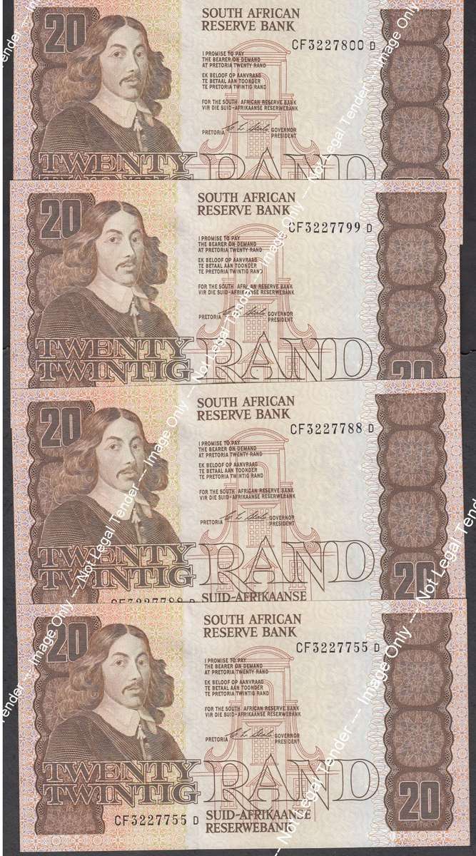 Twenty Rand 1990: Four CF Notes with Close Serial Numbers