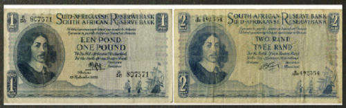 Old South African One Pound & Two Rand Bank Notes