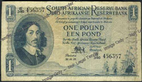 ONE POUND bank note from the Union of South Africa (30 October 1958)