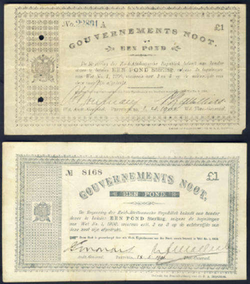 Z.A.R. Gouvernements Notes : Pretoria and Pieterburg issues of the Een Pond