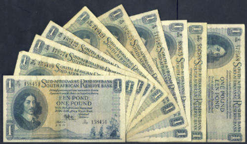 TEN x One Pound Union of SA Bank Notes of MH de Kock (1950s): Bid per note to take all 10