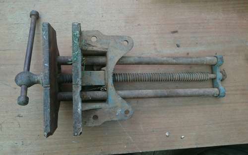 Old iron, wood bench vice - RECORD made in ENGLAND
