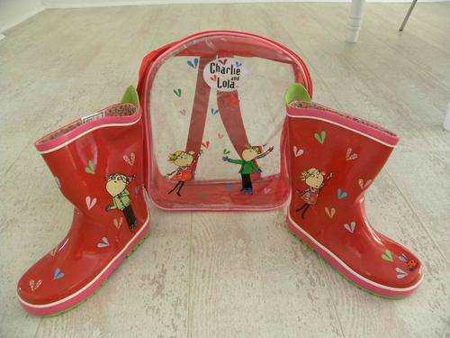 Charlie and Lola wellingtons in matching clear backpack - Kids size 12 shoe