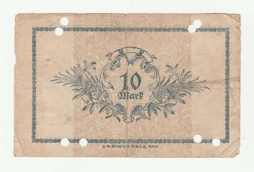 1918 German Altona Stadt 10 Mark - folds, small tears and holes