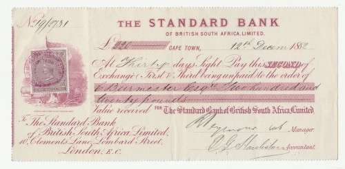 1882 The Standard Bank of British South Africa Limited £220 Cheque