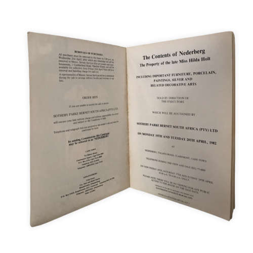 Sotheby's Cape Town "The Contents of Nederberg, The property of the late Miss Hilda Holt" 1982 Aucti