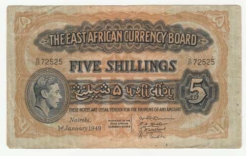 1949 East Africa Currency Board 5 Shillings, Nairobi Issue, 4 Signatures