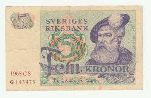 1968 Kingdom of Sweden Riksbank 5 Kroner, Variety A (Year printed in dark red letter press)