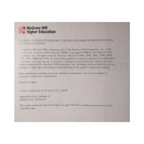 Vander`s Human Physiology by Eric P. Widmaier, Hershel Raff and Kevin T. Strang 2006 Softcover