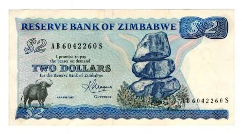 1983 Zimbabwe, Harare, Signature 2 - K. Moyana, Type B watermark Pick#1b 2 Dollars
