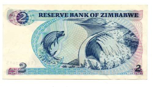 1983 Zimbabwe, Harare, Signature 2 - K. Moyana, Type B watermark Pick#1b 2 Dollars