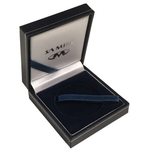 Blue SA Mint box, 64mm x 69mm x 27mm, Inner recess of 45mm (Coin/capsule size)