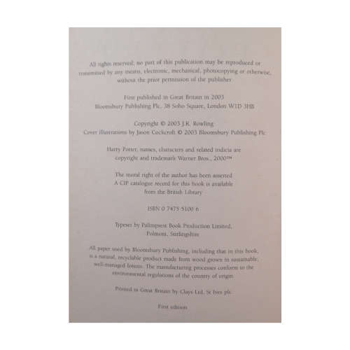 Harry Potter And The Order Of The Phoenix 2003 First Edition Hardcover w/o Dustjacket