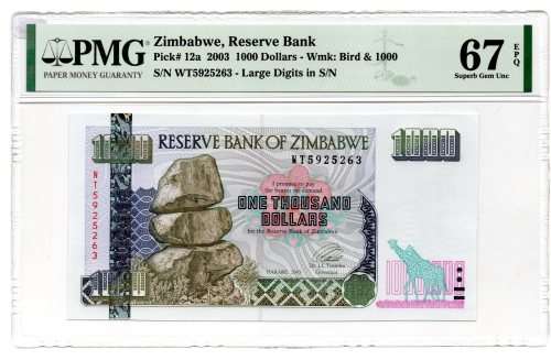 2003 Zimbabwe 1000 Dollars: PMG 67 Superb Gem Uncirculated, Pick #12a