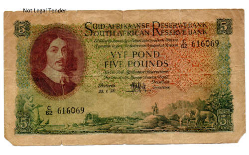 Filler 1958 South Africa Type 12 Third Issue, M H De Kock 5 Pound, Corner tears