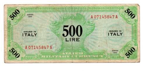 1943 Italy Allied Military Currency 500 Lire