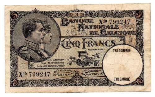 1929 Belgium 5 Franc, Pick#97b