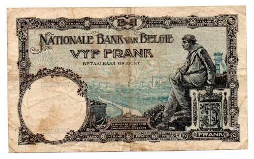 1929 Belgium 5 Franc, Pick#97b