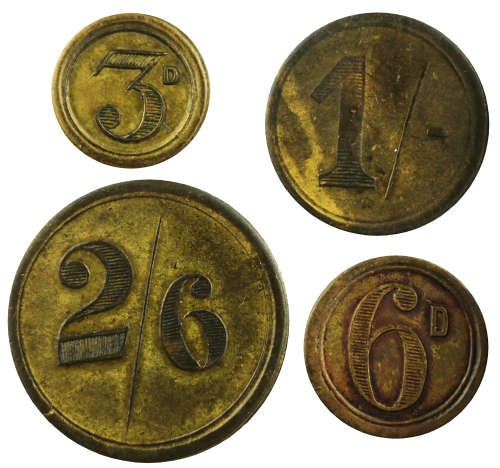 Complete Orange Freestate Voorspoed Diamond Mining Co. Set of Tokens 1906-1914: 3D, 6D, 1/, 2/6. Her