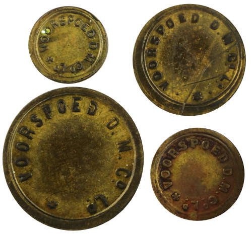 Complete Orange Freestate Voorspoed Diamond Mining Co. Set of Tokens 1906-1914: 3D, 6D, 1/, 2/6. Her
