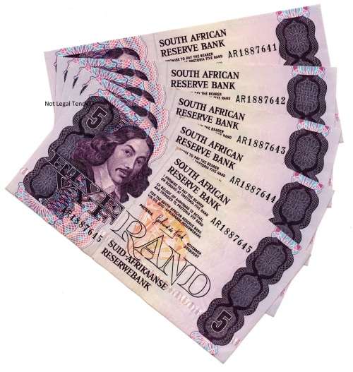 Lot of 5 x Consecutive 1989 South Africa Type 10, GPC De Kock Third Issue R5`s `AR1887641` to `AR188