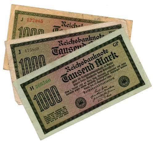 1923 German Berlin Reichsbanknote Set of 3 Varieties of 1000 Marks, Pick#76a White paper, Pick#76b Y
