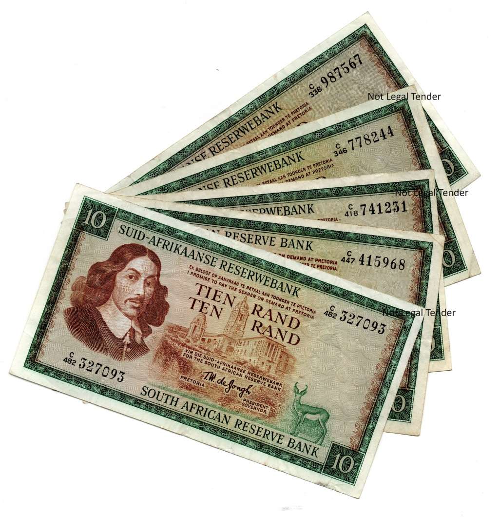 Lot of 5 x 1975 South Africa Type 9, TW De Jongh Third Issue R10`s Mixed Series