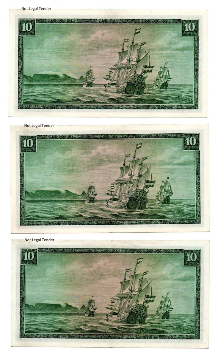 3 x 1966 South Africa G Rissik Type 5, Second Issue R10 Notes (2 in Afr, 1 Eng)