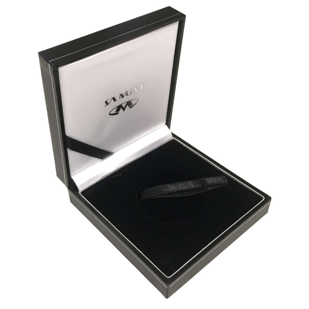 Black SA Mint box, 89mm x 92mm x 30mm, Inner recess of 45mm (Coin/capsule size)