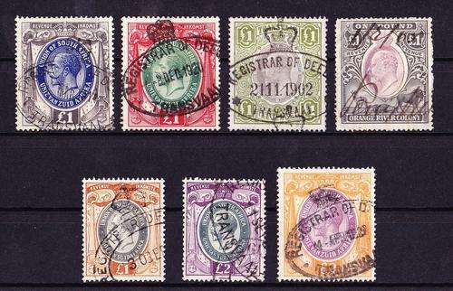 REVENUE stamps (5 x £1 & 2 x £2) - Union, Transvaal, Orange River Colony