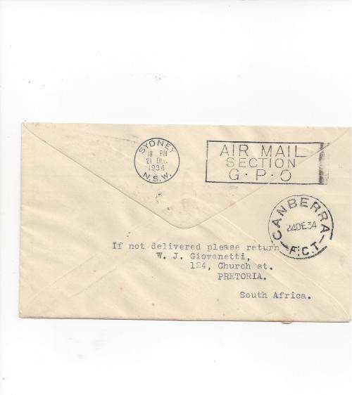 1934 SA FIRST FLIGHT TO AUSTRALIA COVER