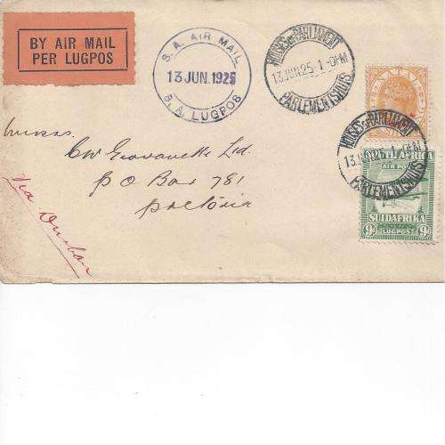 SA 1925 AIRMAIL COVER WITH 9d. VALUE PLUS NATAL 1/-. HOUSEs OF PARLIAMENT CANCELLATION