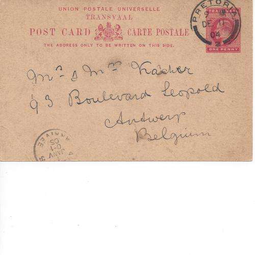 TRANSVAAL - BELGIUM 1904 PS POSTCARD 1d. CANCELLED PRETORIA DEC 11/04