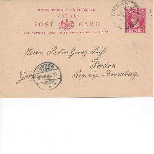 NATAL PS QV 1d. CANCELLED DURBAN 1902. TO FORDON, GERMANY