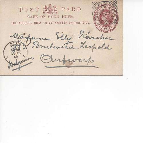 CAPE COLONY - BELGIUM 1895 PS POSTCARD 1D. CANCELLED CAPE TOWN AUG 27TH 1895