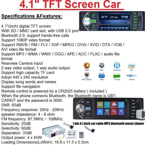 Car Radio + Reverse Camera Special!!! 4.1" Car Radio TFT Screen USB, MP5, FM, Bluetooth & Aux