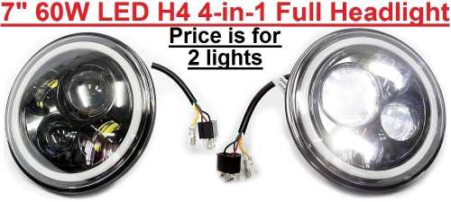 7" Halo Ring LED H4 Headlight Set - Universal H4 LED Headlight Set - 7" 60W 4-in-1 LED Headlight Set