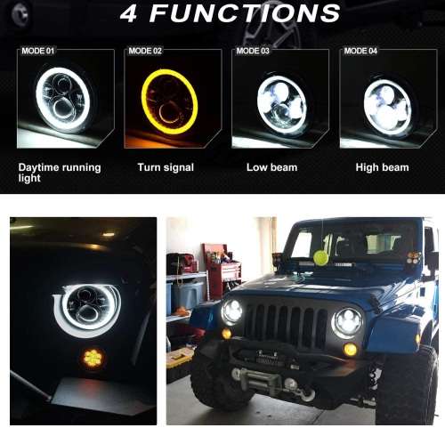 7" Halo Ring LED H4 Headlight Set - Universal H4 LED Headlight Set - 7" 60W 4-in-1 LED Headlight Set