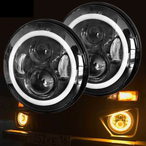 7" Halo Ring LED H4 Headlight Set - Universal H4 LED Headlight Set - 7" 60W 4-in-1 LED Headlight Set