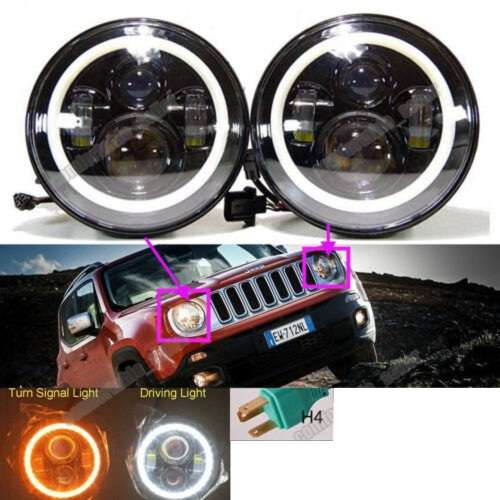 7" Halo Ring LED H4 Headlight Set - Universal H4 LED Headlight Set - 7" 60W 4-in-1 LED Headlight Set