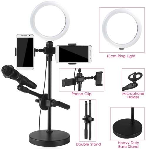 6" LED Ring Light With Microphone Stand - 6 Inch Photography / Video LED Ring with 3 Light Colors