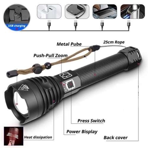 Torch - Rechargeable LED Flashlight - Multi-function Zoom Torch