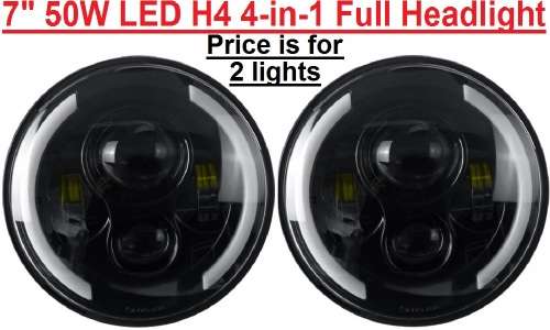 7` Half Ring LED H4 Headlight Set - Universal H4 LED Headlight Set - 7` 50W 4-in-1 LED Headlight Set
