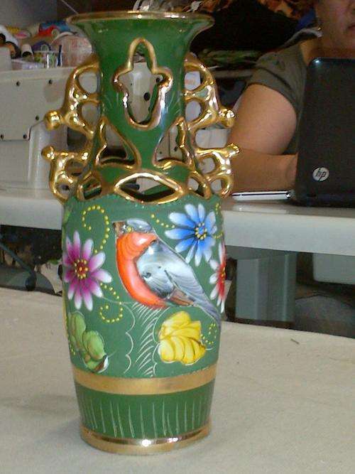 Quaregnon Belgium vase M.Depose Vase. Gilded handles with Bird and Flowers