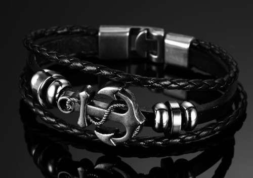 Exquizite Vintage Anchor Bracelet Black Leather