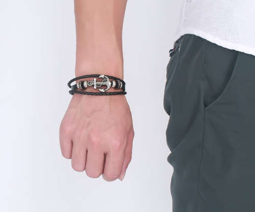 Exquizite Vintage Anchor Bracelet Black Leather