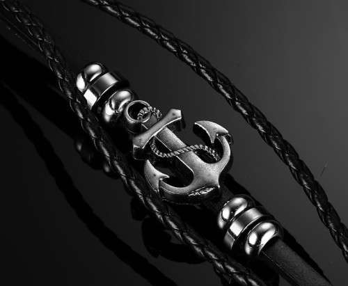 Exquizite Vintage Anchor Bracelet Black Leather